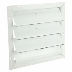 This wall-mount backdraft damper features a single-panel flat blade design for horizontal airflow in vertical mounting positions. With a maximum air velocity of 2500 fpm, it is suited for ventilation systems requiring prevention of reverse airflow when the fan is not operating.
