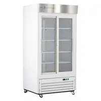 This upright lab refrigerator provides 33 cu ft of storage capacity with a temperature range of 1°C to 10°C. It features a white exterior, sliding glass door, and uses R-290 refrigerant. A temperature alarm is included for monitoring. Overall depth is 33 1/4 inches