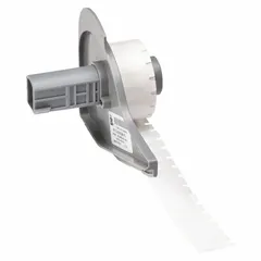 Precut label roll measuring 1/2 in x 13/64 in, made of polyester with a white gloss finish. Compatible with the BMP71 printer series. Used for industrial labeling of equipment, cables, and panels.