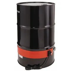 Silicone rubber band heater for drums, rated 1200 W at 115 V AC. Operates from 0°F to 160°F with IP54 protection for outdoor use. Designed to maintain or raise temperature of drum contents for freeze protection or viscosity control.