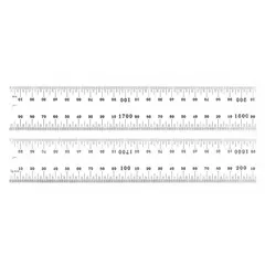 Rigid steel ruler with chrome-plated satin finish and etched decimal graduations in 0.5 mm and 1 mm increments. Black markings on a 1,800 mm scale, 0.1 in thick. Used for linear measurement in machining, fabrication, and quality inspection.