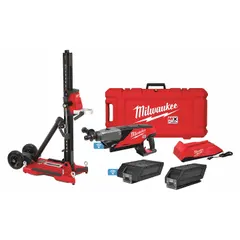 This cordless core drill kit operates on 72V DC with a brushless motor and mechanical drive. It includes a stand, two 6.0 Ah batteries, and a charger. Designed for coring up to 6 inches in concrete, it is suited for creating large-diameter holes in masonry for plumbing, electrical, and HVAC installations.