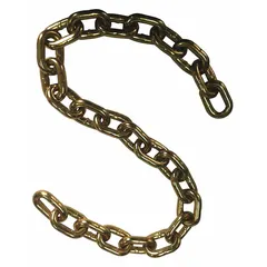 This Grade-70 load-securing chain is made from alloy steel with a gold chromate finish. It is a straight chain with a 1/2 in trade size, designed for heavy-duty tie-down and cargo restraint in trucking, towing, and equipment transport applications.