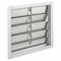 Wall-mount backdraft damper with single-panel, flat blade design. Measures 25 inches high by 25 inches wide with a 2 1/4-inch depth. For vertical mounting with horizontal airflow. Maximum air velocity 2000 fpm. Used in ventilation systems to prevent reverse airflow.