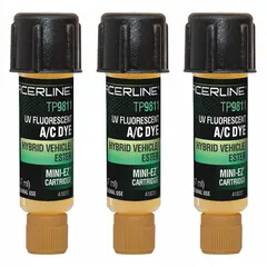 A/C dye refill for leak detection in automotive air-conditioning systems. Contains three 0.25 oz cartridges of Hybrid Vehicle/Ester A/C dye. Compatible with R-1234yf and R-134a refrigerants.