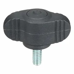 Wing knob with threaded stud, 28 mm diameter plastic body with steel #8-32 thread and 10 mm thread length. Used for manual clamping, positioning, and adjustment on machinery, fixtures, and jigs. Wing design enables quick hand tightening without tools.