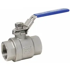 Manual two-way ball valve with 316 stainless steel construction and straight valve body. Features a locking lever handle for secure operation. Used to start, stop, or redirect flow in industrial piping systems.