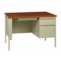 Rectangular office desk with a particle-board desktop in Oak and a steel frame in Oak/Putty. Includes one right-main pedestal with two drawers and a modesty panel. Overall width 45 inches. Suitable for general office workstations and administrative tasks