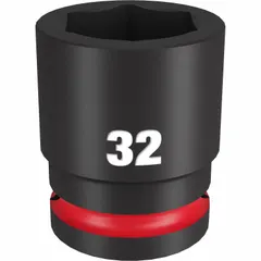 This 3/4" drive impact socket is designed for use with impact tools in heavy-duty fastening applications. It features a 32 mm metric size with a 6-point configuration and a black phosphate finish. Suitable for tasks such as automotive repair and industrial maintenance.