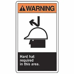 Pack of 5 adhesive vinyl signs, each 5 in x 3 1/2 in nominal size and 0.02 in thick. Non-retroreflective, no glow-in-the-dark or anti-slip surface. Used to indicate areas where head protection is mandatory.