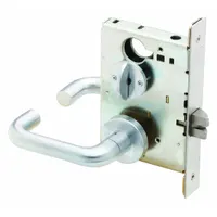 This SCHLAGE privacy lever lockset features a satin chromium-plated forged brass finish with chrome appearance. It is an L Tubular style with ANSI F22 function, including a locked/unlocked visual indicator. Suitable for interior doors requiring privacy, such as bathrooms or bedrooms