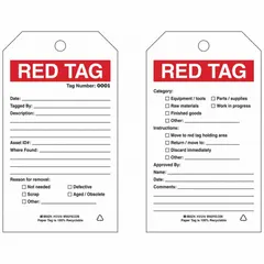 White paper rectangle tag, 4 in wide by 7 in high, 0.01 in thick. Includes 100 tags with cotton ties. Printed in English. Used in 5S lean-manufacturing programs to identify items for removal or relocation, supporting visual workplace organization.