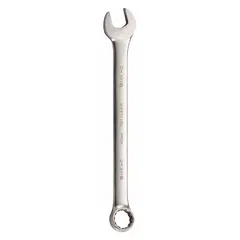 This SAE 12-point combination wrench is constructed from alloy steel with a satin finish. It features a 2 3/16 in head size and a 26 3/8 in overall length with an offset design. Suitable for tightening and loosening fasteners in maintenance, repair, and equipment applications where leverage and confined-space access are required.