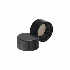 Black phenolic rubber screw cap with 15-425 mm thread size. Autoclavable for sterile applications. Suitable for sealing laboratory or industrial containers requiring a secure, heat-resistant closure.