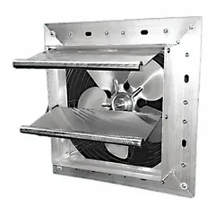 This shutter-mount exhaust fan features a 7-inch aluminum blade and a 1/25 hp totally enclosed air-over motor. It delivers 254 cfm at 115V AC with variable speed control. Suitable for wall installation in standard ventilation applications such as removing heat, fumes, or stale air from workshops, warehouses, or equipment rooms.