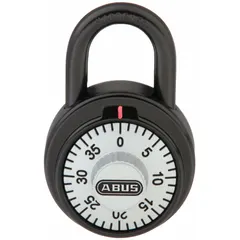 This combination padlock features a black steel body and a steel shackle. The white dial allows keyless combination entry. Typical applications include securing lockers, toolboxes, cabinets, and gates in indoor or light outdoor settings.