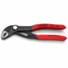 Push-button, serrated V-jaw pliers with 5 in overall length, 13 jaw positions, and 1 in max jaw opening. Used for gripping and turning pipes, nuts, and fittings in plumbing, HVAC, and industrial maintenance.