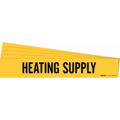 BRADY Pipe Marker: Heating Supply, Yellow, Black, Fits 8 in and Larger Pipe O.D. - Heating Supply Adhesive Pipe Markers