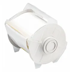 Continuous tag roll of white gloss polyester for outdoor use. Measures 4 1/4 in x 50 ft. Compatible with GlobalMark 2 printer series; requires ribbon 76739. Used for asset identification, safety signage, and pipe marking in industrial environments.