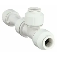 This polysulfone push-to-connect tee fitting has three 1/2 in OD tube connections, enabling tool-free branch connections in tubing systems. It is used in pneumatic, fluid, and instrumentation lines where a reliable plastic fitting is required