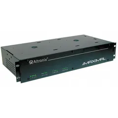 Steel-enclosed power supply board operating on 115V AC input. Provides 12VDC at 3.5A or 24VDC at 3A across 16 fused outputs. Used in access control, security, and fire alarm systems requiring regulated DC power distribution.