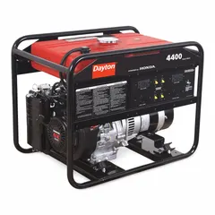 This gasoline-powered conventional generator delivers 4400 W running and 8000 W starting power at 120/240V AC. It includes GFCI outlets for electrical safety. Typical applications include providing backup power at construction sites, workshops, and outdoor events.