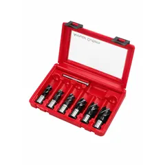This fractional-inch annular cutter set is designed for cutting clean, accurate holes in metal using a magnetic drill press. The cutters are made of high-speed steel with a black oxide finish and feature a Weldon Flat shank. The set includes a pilot pin and has a maximum cutting depth of 1 in.