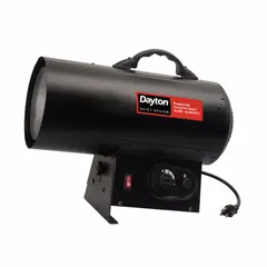 This Dayton direct-fired portable gas torpedo heater provides 60,000 BtuH heating capacity output. It operates on propane and features a quiet design. The unit measures 13-7/8 x 7-7/8 x 17-3/8 inches (H x W x D). Typical applications include temporary heating in construction sites, warehouses, workshops, and outdoor events.