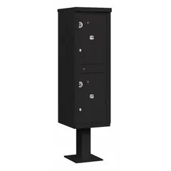 This vertical, lockable parcel locker features two front-opening doors and measures 62 inches high by 16 inches wide by 18 inches deep. It is designed for pedestal mounting and comes in a black finish. Suitable for securing package deliveries in multi-tenant buildings, offices, or commercial facilities.