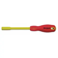 This insulated nut driver features a 1/4-inch SAE tip size and a solid round shank. It is designed for electrical work where insulation is required, such as tightening or loosening nuts in panel assembly or terminal connections. The non-magnetized tip and standard length make it suitable for precision tasks.