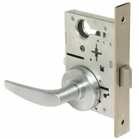 This passage lever lockset is designed for interior doors where locking is not required, such as hallways or closets. It features a satin chromium-plated stainless steel finish, ADA-compliant lever, and an interchangeable core. The lockset has ANSI function code F01 and a 40H Rose style