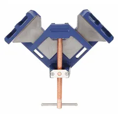 This angle clamp holds workpieces at 90-degree angles for welding, fabrication, and assembly. It has a 5 1/4 in jaw width, 2 7/16 in jaw height, and 4 7/8 in throat depth. The clamp is made of copper and ductile iron with a handle that resists weld spatter.