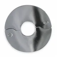This split-flange escutcheon is made of stainless steel with a silver finish. It uses a screw connection type and fits 1/2 inch pipe size. Designed to cover gaps around pipes passing through walls, floors, or ceilings, it provides a finished appearance and helps prevent debris ingress in plumbing and piping installations