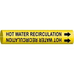 Yellow snap-on pipe marker with black legend reading 'Hot Water Recirculation' and directional arrows. Fits pipe outer diameters from 1-1/2 to 2-3/8 inches. Used to identify hot water recirculation lines in industrial piping systems, aiding in safety and maintenance.