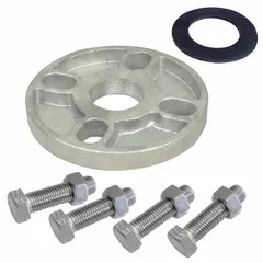Stainless steel flange for connecting and mounting vertical booster pumps in industrial water or fluid systems. Features 1 1/4 in NPT connections and four mounting holes. Includes gasket for leak-free operation.