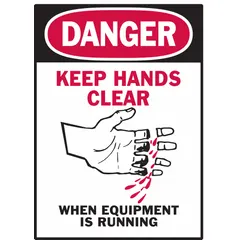 Polyester adhesive labels, 5 in x 3 1/2 in nominal size, 0.01 in thick. Not retroreflective or glow-in-the-dark. Supplied in a 5-pack for mounting on equipment surfaces to warn personnel of moving machinery hazards.