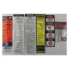 Replacement label kit for Louisville Ladder model AH1005. Contains safety and identification labels for material handling ladders used in industrial and warehouse settings. Compatible with item numbers 33J643, 33J644, 33J711, 33J721, 33J724, 33J726, 33J759, and 36Y358.
