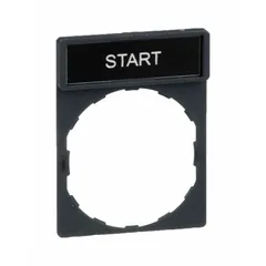 Rectangular non-metallic plastic legend plate for 22 mm panel mounting. Gray body with white 'Start' legend in English. Measures 1 5/8 in overall height by 1 3/16 in overall width. Attaches via tab. Used to label push-button stations in industrial control panels.