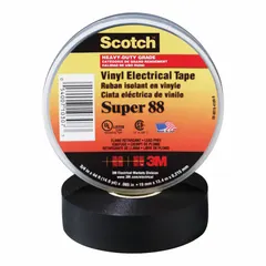 3M Super 88 is a general purpose electrical tape made from 8.5 mil thick polyvinyl chloride film with a rubber adhesive. It is used for insulating, splicing, and protecting electrical cables and wires in applications such as industrial maintenance, electrical panel wiring, and motor lead connections.