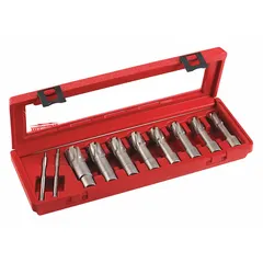 This 8-piece annular cutter set includes carbide-tipped cutters with a bright (uncoated) finish and a pilot pin. Each cutter features a Weldon Flat shank for secure retention in magnetic drill presses. The set is designed for cutting precise holes in metal, commonly used in structural steel fabrication, shipbuilding, and heavy equipment maintenance.