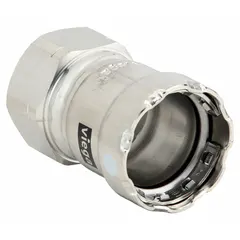 Stainless steel press fitting for potable water systems. Connects 1 in press-fit pipe to 1 in female NPT threaded connection. FKM seal provides leak-proof performance in industrial plumbing applications.