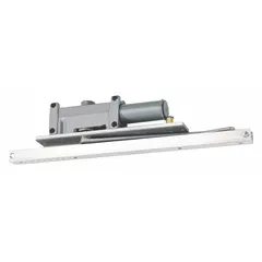 This Grade 1 heavy duty concealed-mount door closer is constructed of aluminum and features a track arm with non-hold open function. It has an adjustable spring size 6 and is ADA compliant for interior or exterior use. Typical applications include controlling door closing speed and force in high-traffic commercial or industrial settings.