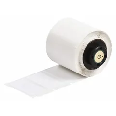 Vinyl, white wraparound label sized 1/2 in x 1/2 in for wire gauges 22 AWG to 16 AWG. Designed for use with BMP71 printer series and R6210 ribbon. Suitable for identifying wires in industrial wiring, panel building, and machine maintenance applications.