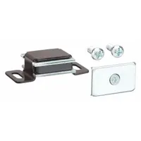 Magnetic push-to-close catch with pull opening action. Constructed from aluminum and steel. Measures 7/16 in height by 1 7/16 in width. Used for latching doors on industrial enclosures, electrical cabinets, and machinery access panels
