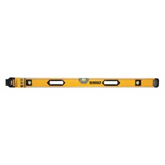 This 48-inch magnetic box level features an aluminum frame, acrylic vials, and rare earth magnets for attachment to ferrous surfaces. Top and side read vials allow viewing from multiple angles, while integrated hand grips improve handling. Suitable for leveling and plumbing tasks in construction and framing.
