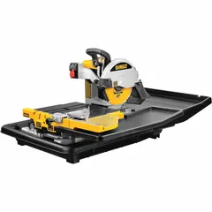 This wet tile saw from DEWALT is designed for cutting ceramic, porcelain, and stone tiles. It features a 15 A, 120 V AC motor and accepts a 10 in diamond blade, providing a maximum cutting depth of 3 1/8 in. Suitable for precision tile work in construction and renovation projects.
