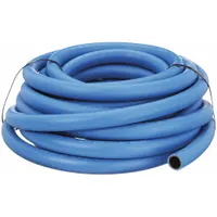 This nitrile bulk air hose features a vinyl nitrile cover and is rated for 200 psi maximum working pressure at 70°F. The blue hose is designed for compressed air distribution in pneumatic systems, industrial plants, workshops, and construction sites