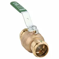 This two-piece bronze ball valve features a straight press x press connection and a locking lever handle. It is used for on/off flow control in commercial and industrial piping systems handling water, oil, or gas