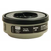Threaded black organic vapor (OV) cartridge for use with NORTH 5400, 5500, 7600, 7700, RU6500, and RU8500 series reusable respirators. Sold as a 1-pair pack. Provides protection against certain organic vapors in industrial environments such as painting, chemical handling, and solvent use