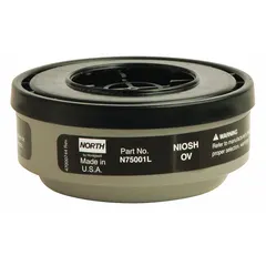 Threaded black organic vapor (OV) cartridge for use with NORTH 5400, 5500, 7600, 7700, RU6500, and RU8500 series reusable respirators. Sold as a 1-pair pack. Provides protection against certain organic vapors in industrial environments such as painting, chemical handling, and solvent use.